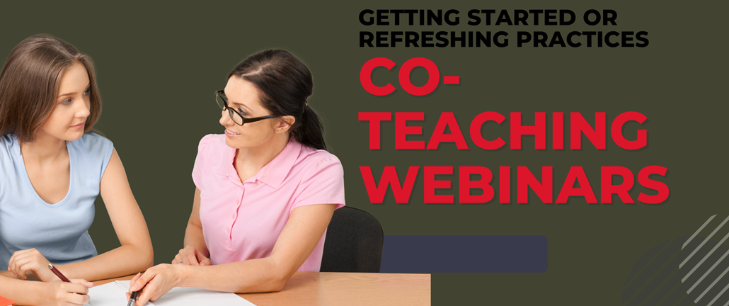 Graphic that says Co-teaching webinars with two female professionals sitting at a table working together