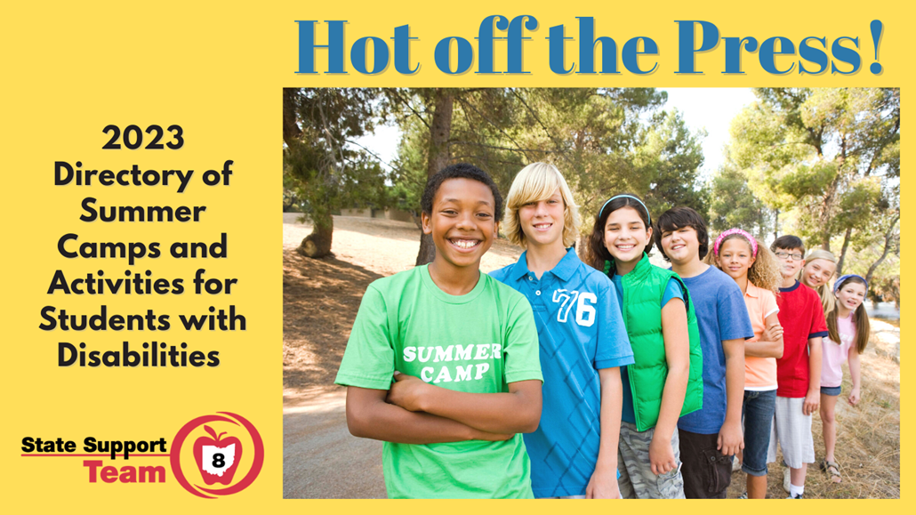 Graphic with image of children lined up at summer camp, reading 2023 Directory of Summer Camps and activities for students with disabilities