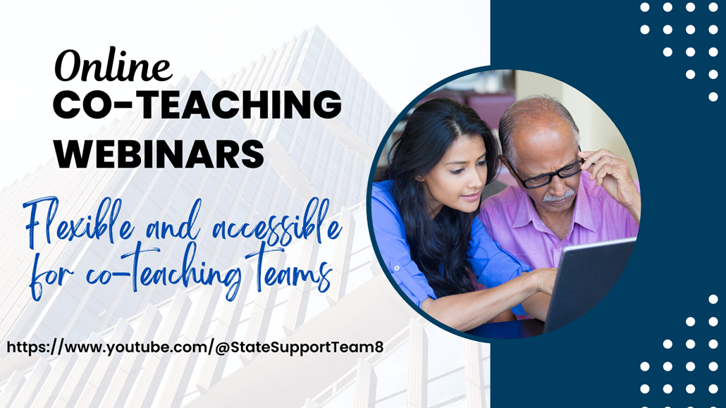Graphic that says Co-teaching webinars with two professionals looking at a laptop